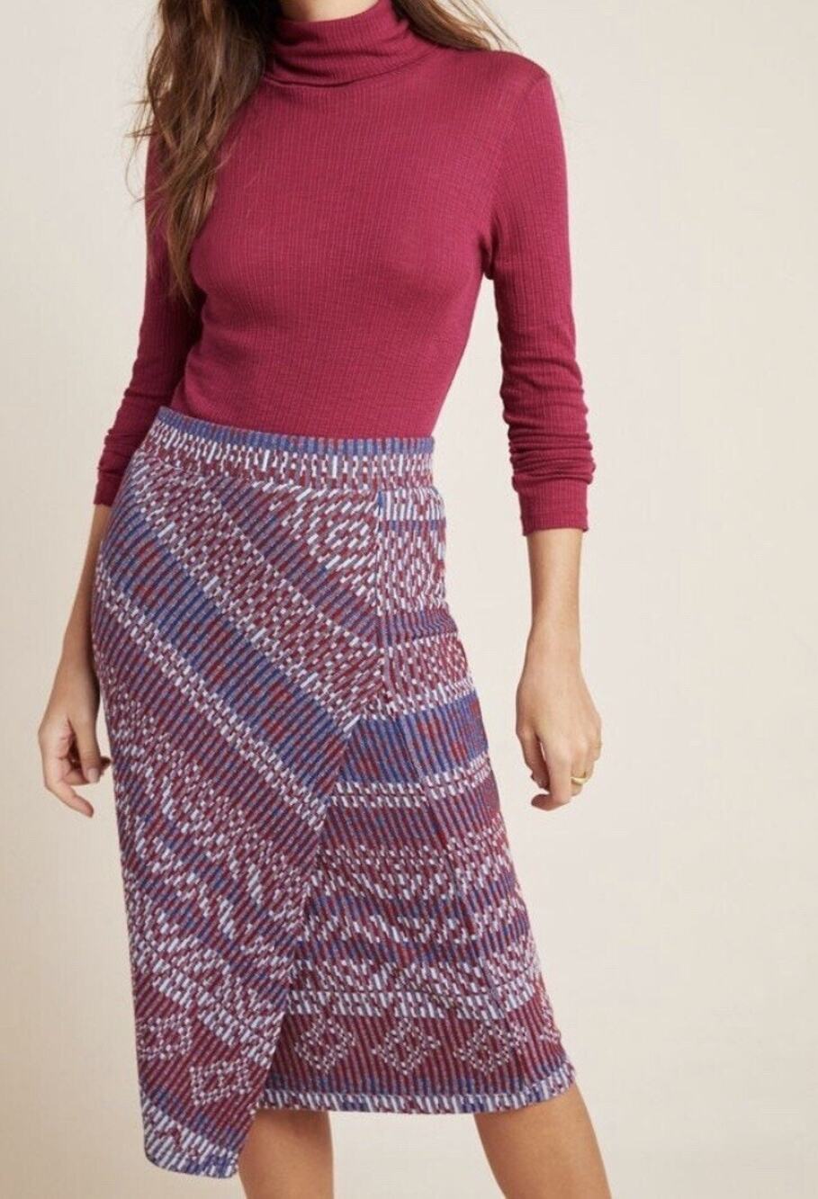 Maeve Anthropologie Carolina Red Blue Aztec Asymmetric Layered Pencil Skirt S